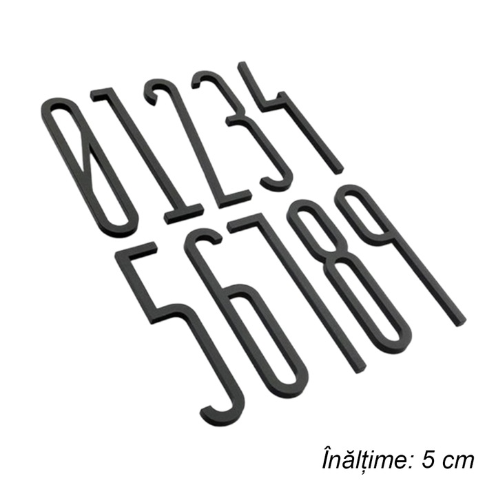 Numar casa si litera autoadeziv, Set cifre 0-9 din acril, Inaltime 5cm, Stil Modern 3D pentru Hotel si Apartament, negru