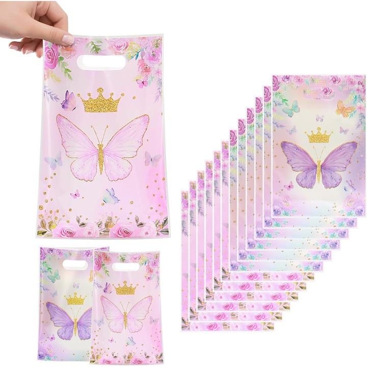 kengege® 50 BUC Pungi cadou fluture Roz si violet Fluturi Pungi cu bunatati din plastic auriu Bomboane pentru Petrecere tematica cu fluturi Decoratiuni deserturi Articole de petrecere