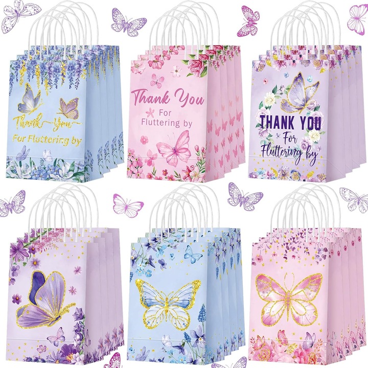 Kengeeg® 24 Bucati Pungi Favoruri Petrecere Fluturi Pungi Cadou Hartie Fluturi cu Manere Mov Albastru Roz Primavara Multumesc Husa Dulciuri Pentru Botez Petrecere Aniversara Decoratiuni Consumabile