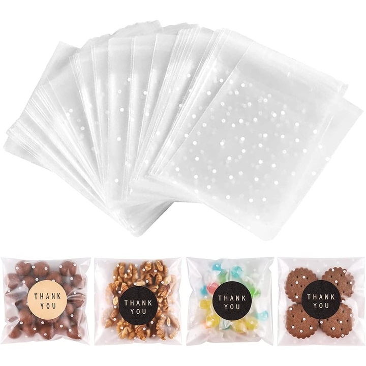 Kengege100PACK Pungi de celofan autoadezive, transparente, pentru prajituri, cu multumesc pentru cadouri, bomboane, cu autocolante (buline albe, 4x4 INCH)