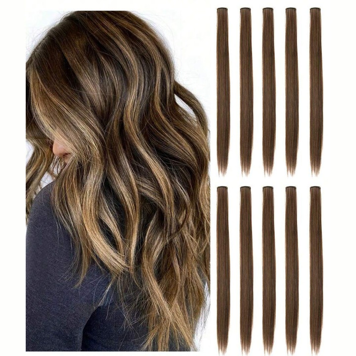 Set 10 Extensii de par cu Agrafe, DANATI, lungi de 50cm, Saten/Maro, cleme de par drepte, fibra sintetica cu aspect natural, pentru costumatie, petrecere, carnaval, cadou pentru femei, fete