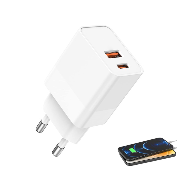 Incarcator Rapid Dual Port, USB-C PD + USB QC 3.0, Alimentator Priza, Fara Cablu Inclus, Alb, HAPPY JOKER®