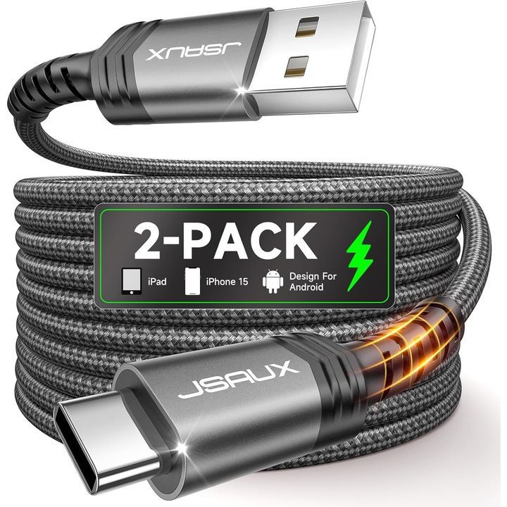 Комплект от 2 кабела JSAUX USB-A към USB-C, дължина 2 м, бързо зареждане до 3A, E-Marker чип за безопасно зареждане, идеален за зареждане и синхронизиране на данни, широка съвместимост, сив