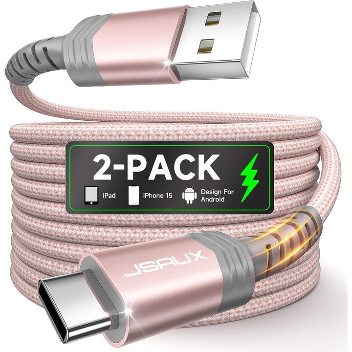 Комплект от 2 кабела JSAUX USB-A към USB-C, дължина 2 м, бързо зареждане до 3A, E-Marker чип за безопасно зареждане, идеален за зареждане и синхронизиране на данни, широка съвместимост, розов