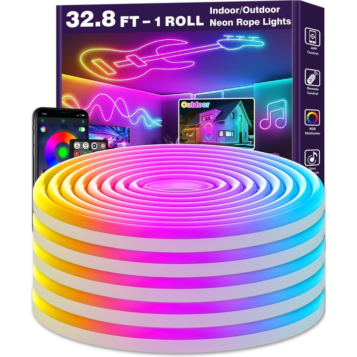 LED Неонова лента RGB 10 м (32.8 фута), Управление с приложение и дистанционно, 29 динамични режима, Синхронизация с музика, IP65 водоустойчива, Гъвкаво осветление за интериор и екстериор, Многоцветна