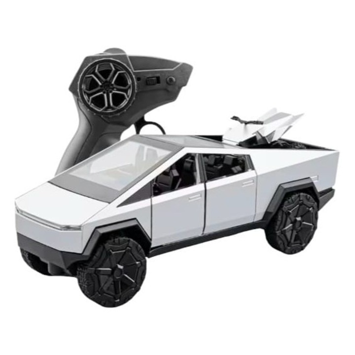 Masinuta metalica cu telecomanda, Tesla Cybertruck cu ATV inclus, 1:24, usi mobile, capota mobila, acumulator, gri deschis, 22 cm