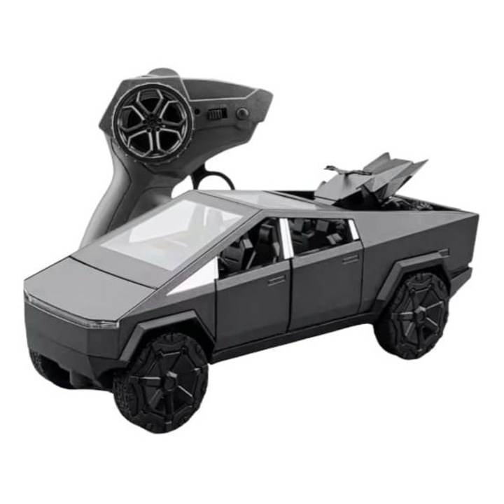 Masinuta metalica cu telecomanda, Tesla Cybertruck, ATV inclus, 1:24, usi mobile, capota mobila, acumulator, gri inchis, 22 cm