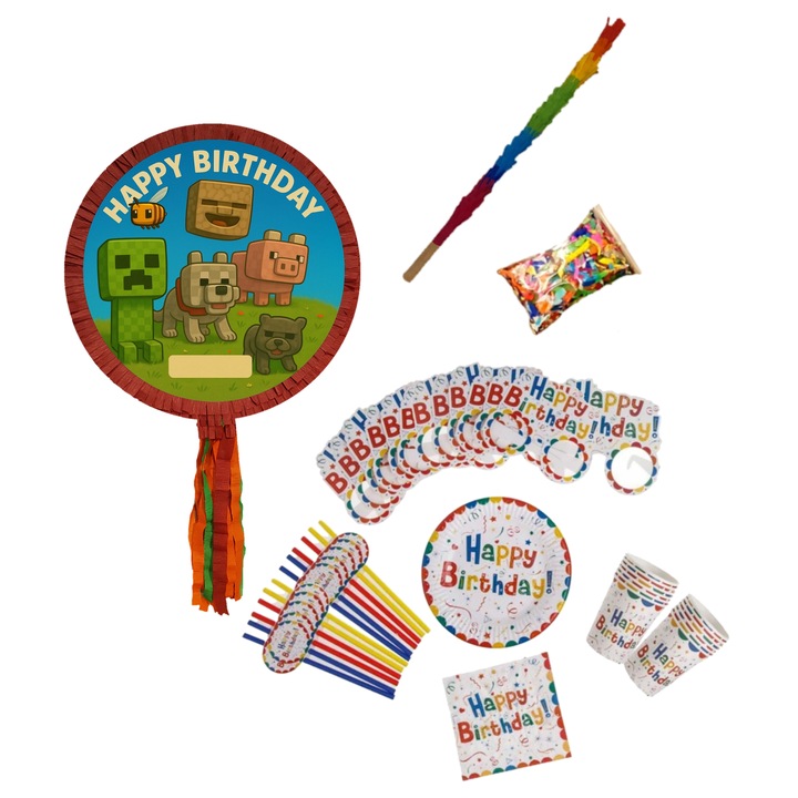 Pinata Minecraft cu accesorii, PinaStar, set 1 pinata, 12 farfurii, 12 pahare, 12 servetele, 12 paie, 12 ochelari, bat si confetti, dimensiuni 60x33cm