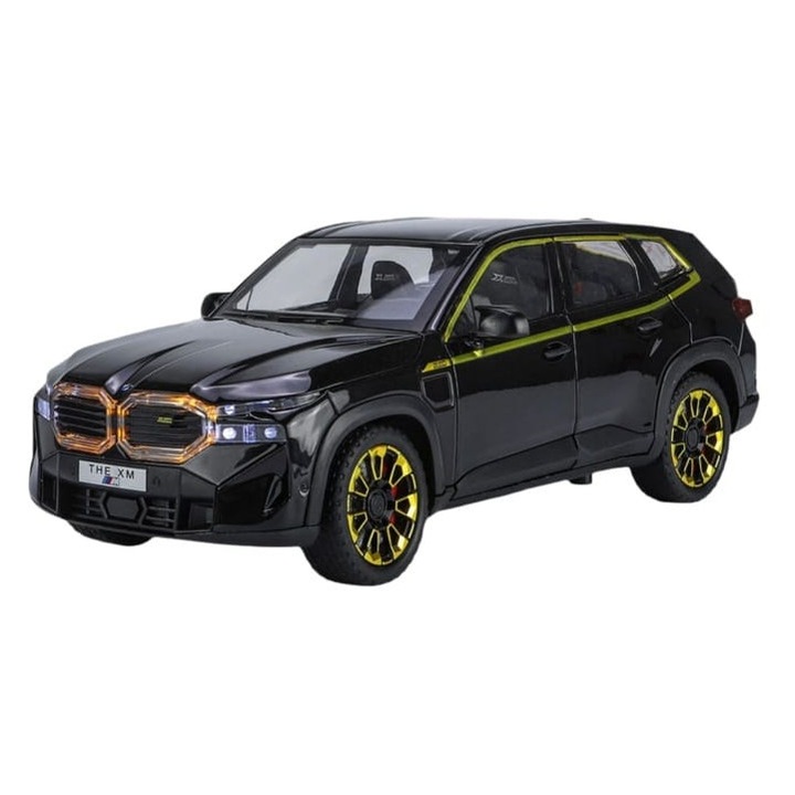 Masinuta metal mecanica, BMW XM, 1:24, fum, usi mobile, capota mobila, portbagaj mobil, negru, 20 cm