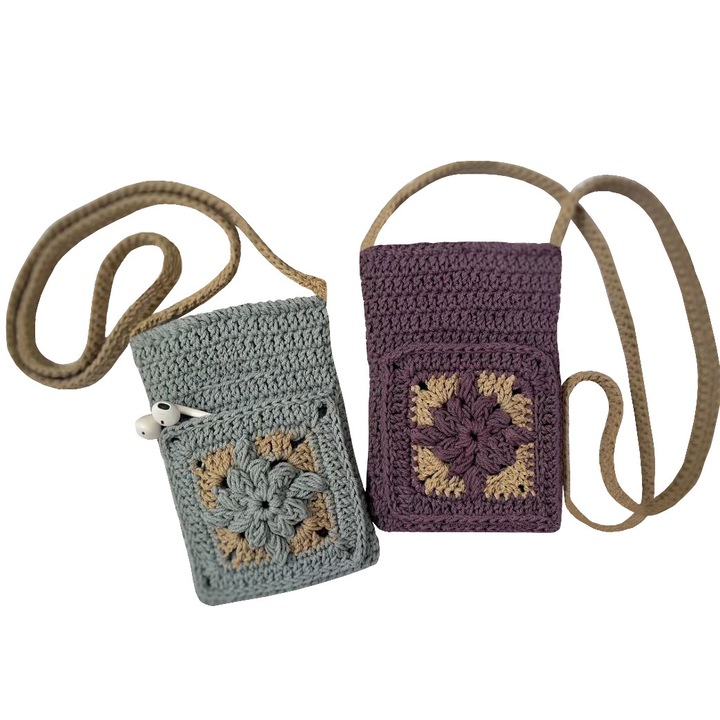Sactel 7 mobiltelefon táska, kézzel horgolt, kiegészítő zsebbel, H20cmx11cm, 2 darabos szett, szürke-bézs és lila-bézs