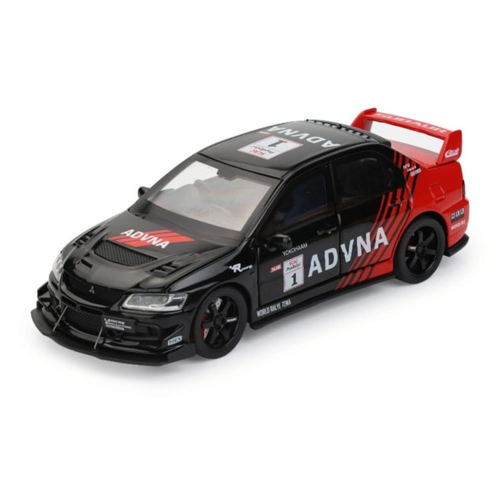 Masinuta metal mecanica, Mitsubishi Lancer Evolution, 1:32, fum, usi mobile, capota mobila, portbagaj mobil, negru, 15 cm