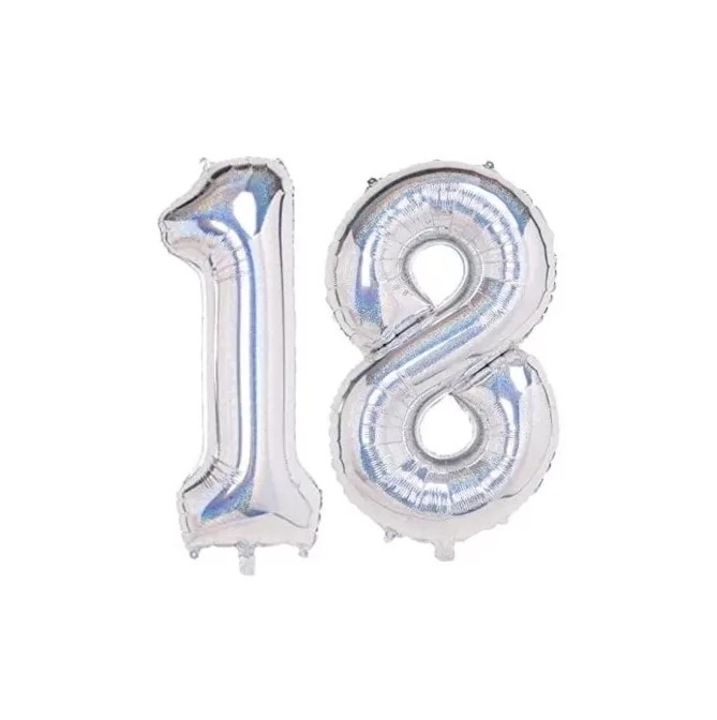 Set 2 baloane cifre argintiu holografic, aniversare 18 ani, petrecere majorat, Produs Petrecere Copii, Calitate Premium, WOW Shop
