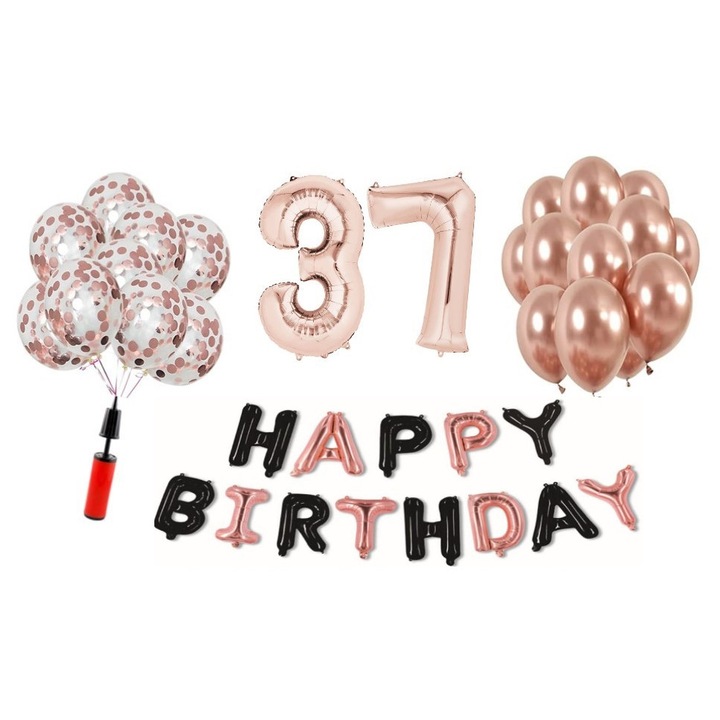 Set 36 baloane WOW, Happy Birthday rose gold/negru aniversare 37 ani, cifra folie 101 cm, rose gold, Produs Petrecere Copii, Calitate Premium, WOW Shop