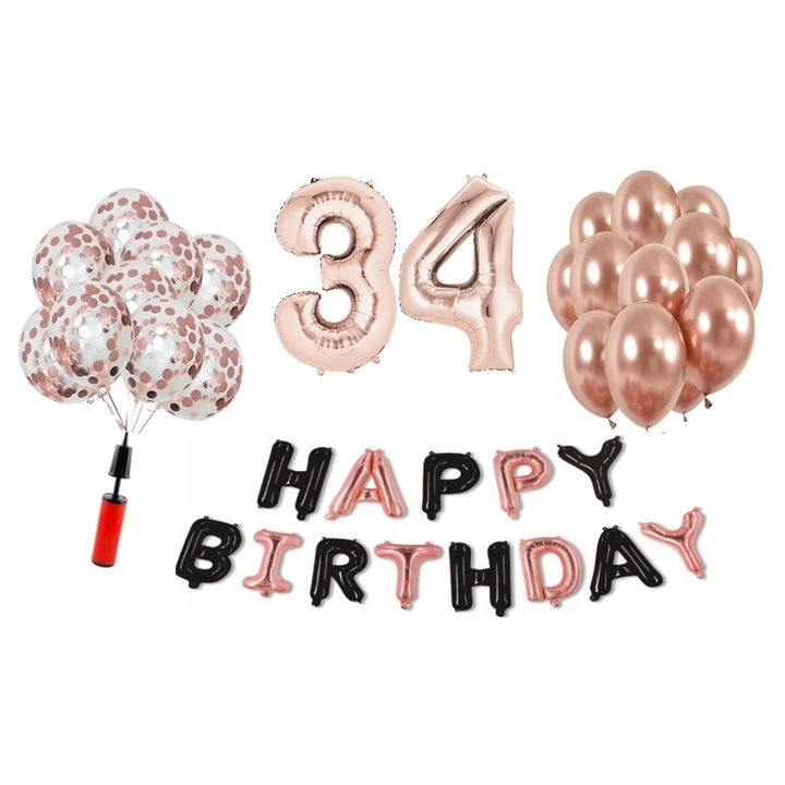 Set 36 baloane WOW, Happy Birthday rose gold/negru aniversare 34 ani, cifra folie 101 cm, rose gold, Produs Petrecere Copii, Calitate Premium, WOW Shop