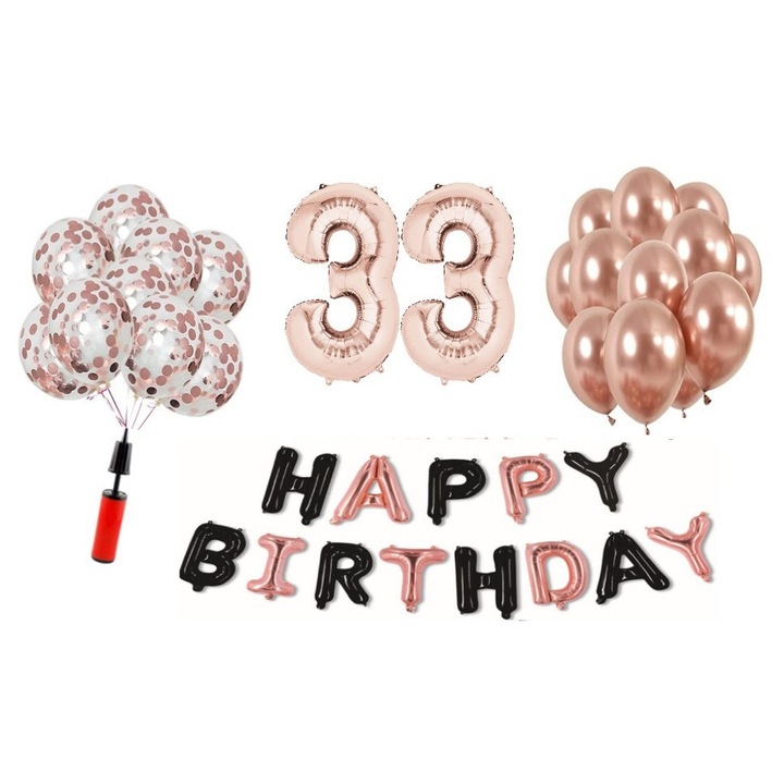 Set 36 baloane WOW, Happy Birthday rose gold/negru aniversare 33 ani, cifra folie 100 cm, rose gold, Produs Petrecere Copii, Calitate Premium, WOW Shop