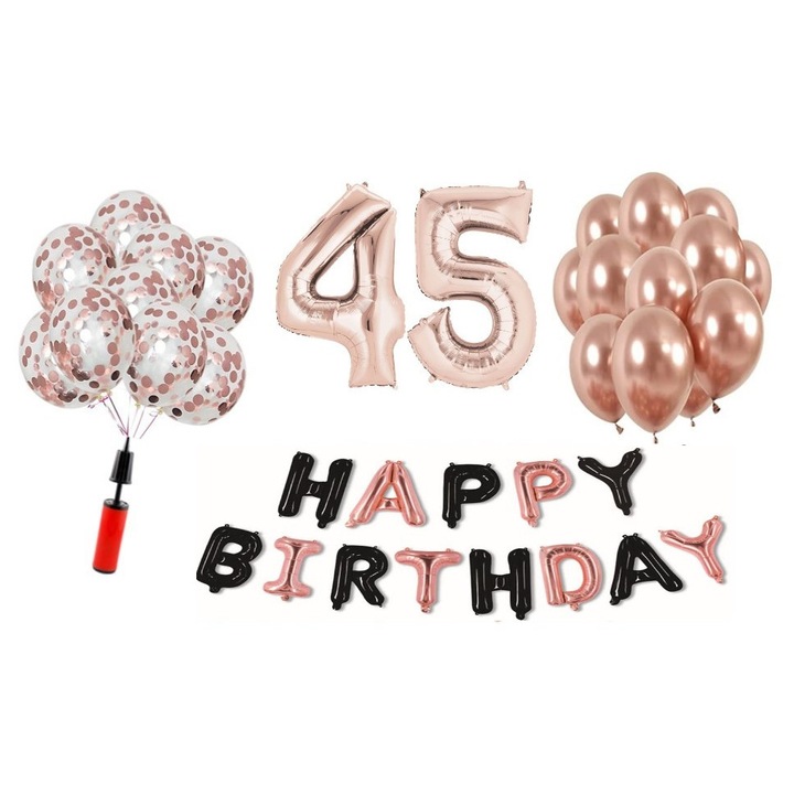 Set 36 baloane WOW, Happy Birthday rose gold/negru aniversare 45 ani, cifra folie 100 cm, rose gold, Produs Petrecere Copii, Calitate Premium, WOW Shop