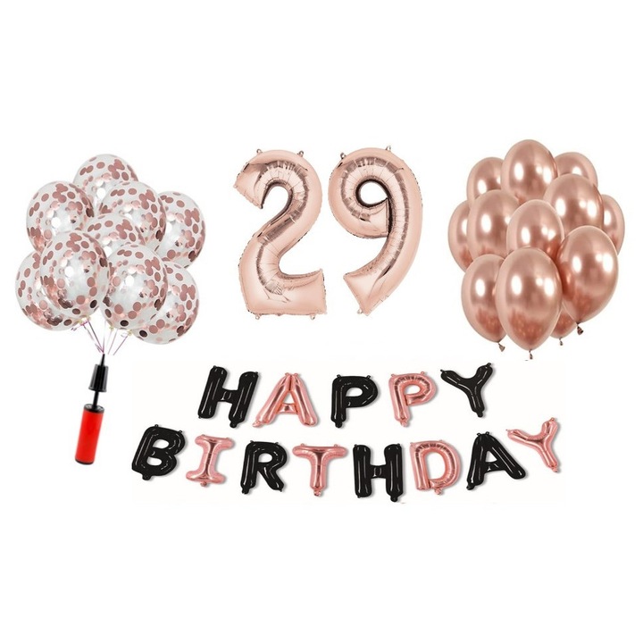 Set 36 baloane WOW, Happy Birthday rose gold/negru aniversare 29 ani, cifra folie 101 cm, rose gold, Produs Petrecere Copii, Calitate Premium, WOW Shop