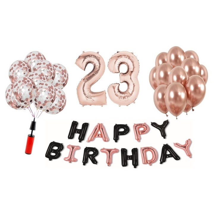 Set 36 baloane WOW, Happy Birthday rose gold/negru aniversare 23 ani, cifra folie 98 cm, rose gold, Produs Petrecere Copii, Calitate Premium, WOW Shop