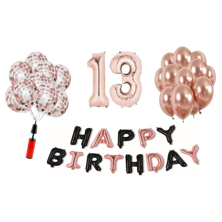 Set 36 baloane WOW, Happy Birthday rose gold/negru aniversare 13 ani, cifra folie 100 cm, rose gold, Produs Petrecere Copii, Calitate Premium, WOW Shop