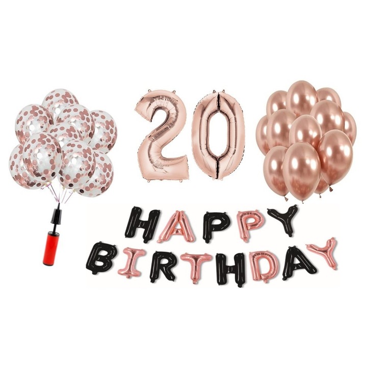 Set 36 baloane WOW, Happy Birthday rose gold/negru aniversare 20 ani, cifra folie 100 cm, rose gold, Produs Petrecere Copii, Calitate Premium, WOW Shop