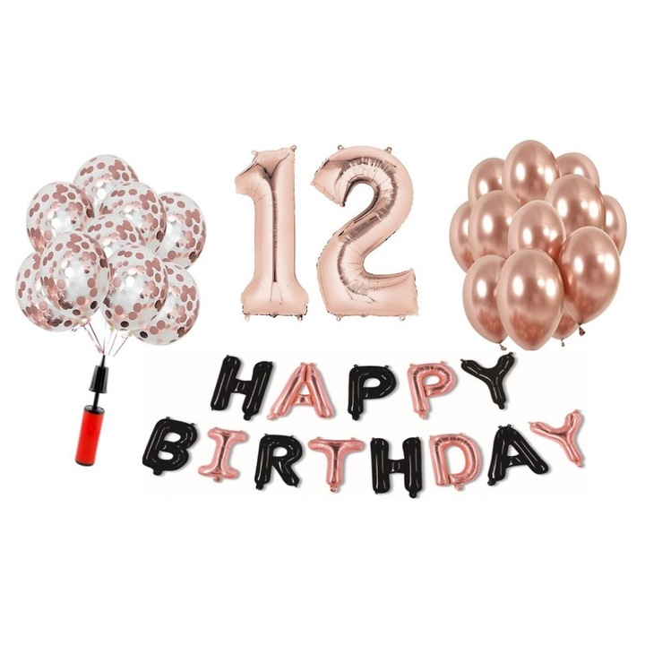 Set 36 baloane WOW, Happy Birthday rose gold/negru aniversare 12 ani, cifra folie 100 cm, rose gold, Produs Petrecere Copii, Calitate Premium, WOW Shop