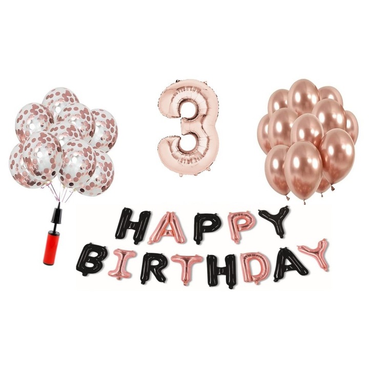 Set 35 baloane WOW, Happy Birthday rose gold/negru aniversare 3 ani, cifra folie 98 cm, rose gold, Produs Petrecere Copii, Calitate Premium, WOW Shop