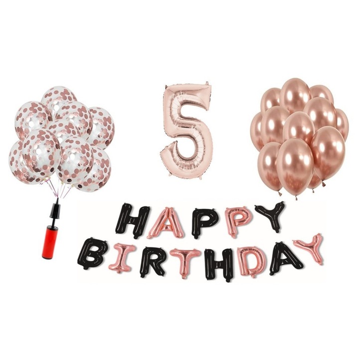 Set 35 baloane WOW, Happy Birthday rose gold/negru aniversare 5 ani, cifra folie 101 cm, rose gold, Produs Petrecere Copii, Calitate Premium, WOW Shop