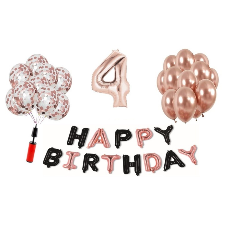 Set 35 baloane WOW, Happy Birthday rose gold/negru aniversare 4 ani, cifra folie 101 cm, rose gold, Produs Petrecere Copii, Calitate Premium, WOW Shop