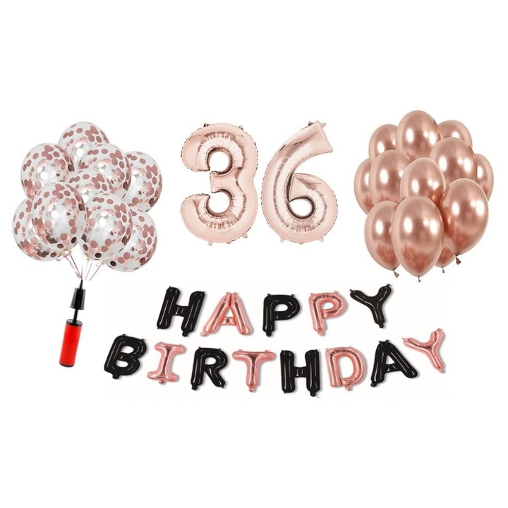 Set 36 baloane WOW, Happy Birthday rose gold/negru aniversare 36 ani, cifra folie 101 cm, rose gold, Produs Petrecere Copii, Calitate Premium, WOW Shop