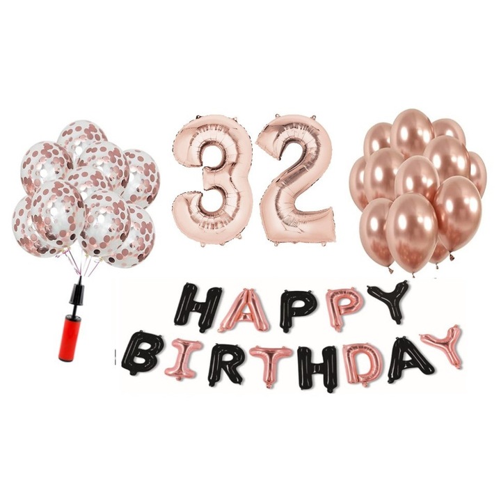 Set 36 baloane WOW, Happy Birthday rose gold/negru aniversare 32 ani, cifra folie 100 cm, rose gold, Produs Petrecere Copii, Calitate Premium, WOW Shop