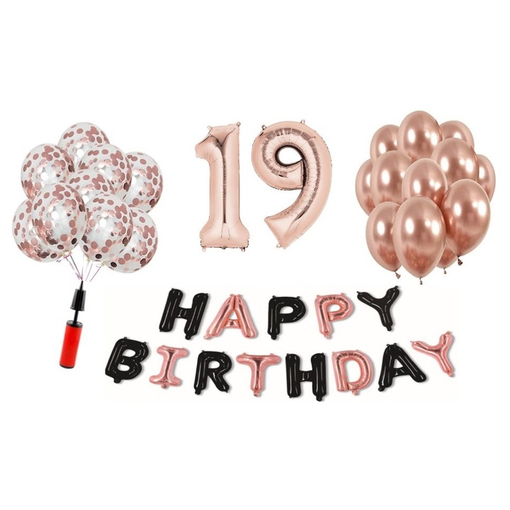 Set 36 baloane WOW, Happy Birthday rose gold/negru aniversare 19 ani, cifra folie 101 cm, rose gold, Produs Petrecere Copii, Calitate Premium, WOW Shop