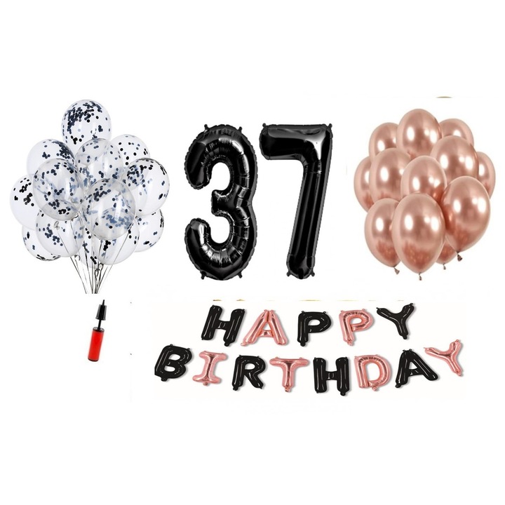 Set 36 baloane WOW, Happy Birthday negru/rose gold aniversare 37 ani, cifra folie 98 cm, negru, Produs Petrecere Copii, Calitate Premium, WOW Shop