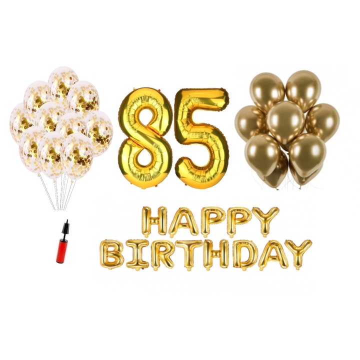 Set 36 baloane, Happy Birthday aniversare 85 ani, cifre folie 100 cm, auriu, Produs Petrecere Copii, Calitate Premium, WOW Shop