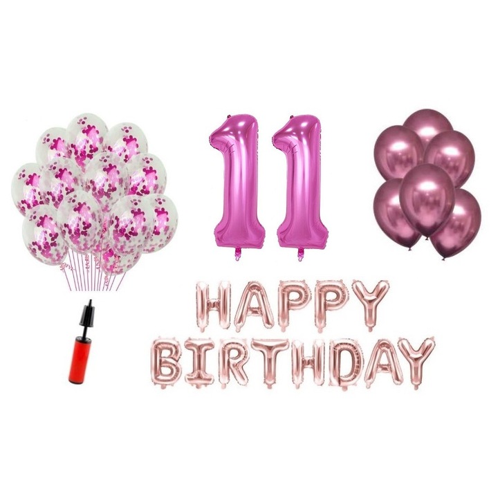 Set 36 baloane, Happy Birthday aniversare 11 ani, cifre folie 100 cm, roz, Produs Petrecere Copii, Calitate Premium, WOW Shop