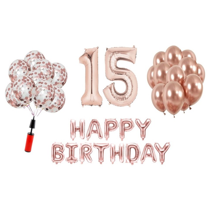 Set baloane, 36 elemente, Happy Birthday aniversare 15 ani, cifre folie 101 cm, rose gold, Produs Petrecere Copii, Calitate Premium, WOW Shop