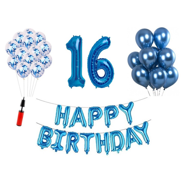 Set baloane, 36 elemente, Happy Birthday aniversare 16 ani, cifre folie 101 cm, albastru, Produs Petrecere Copii, Calitate Premium, WOW Shop