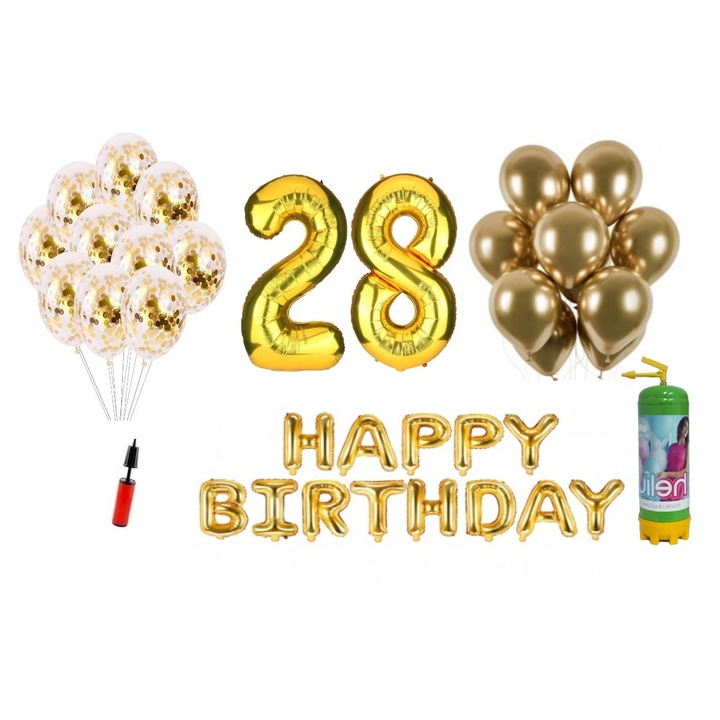 Set baloane WOW, 37 elemente, Happy Birthday aniversare 28 ani, cifre folie 101 cm, auriu si Butelie de heliu, Produs Petrecere Copii, Calitate Premium, WOW Shop