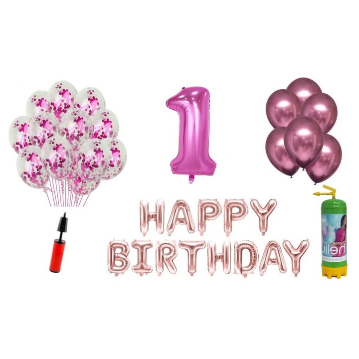 Set 36 baloane WOW, Happy Birthday aniversare 1 an, cifra folie 100 cm, roz si Butelie de heliu, Produs Petrecere Copii, Calitate Premium, WOW Shop