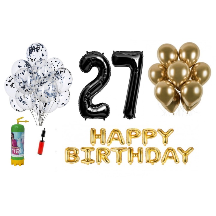 Set 37 baloane WOW, Happy Birthday aniversare 27 ani, cifre folie 100 cm, negru + Butelie de heliu, Produs Petrecere Copii, Calitate Premium, WOW Shop