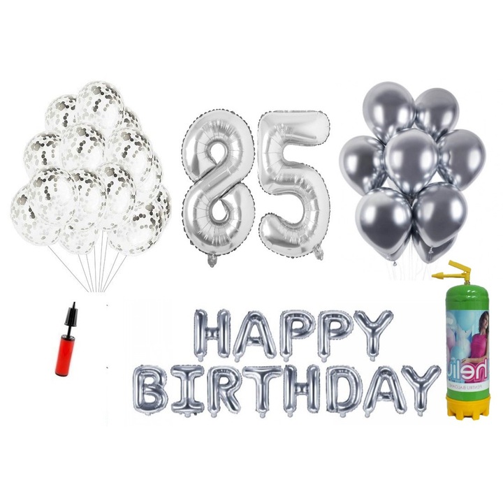 Set 37 baloane WOW, Happy Birthday aniversare 85 ani, cifre folie 100 cm, argintiu + Butelie de heliu, Produs Petrecere Copii, Calitate Premium, WOW Shop