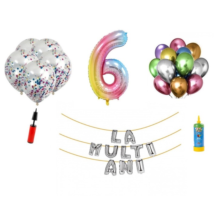 Set baloane WOW, 33 elemente, La Multi Ani aniversare 6 ani, cifra folie 101 cm, curcubeu si Butelie de heliu, Produs Petrecere Copii, Calitate Premium, WOW Shop