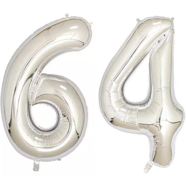 Set 2 baloane folie cifra, WOW, Argintiu, aniversare 64 ani, 100 cm, Produs Petrecere Copii, Calitate Premium, WOW Shop