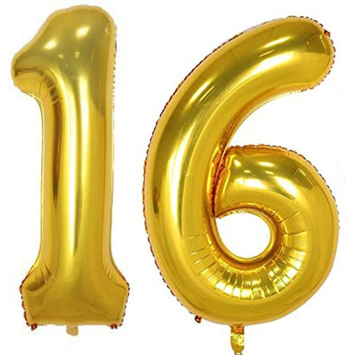 Set 2 baloane folie cifra, WOW, Auriu, aniversare 16 ani, 101 cm, Produs Petrecere Copii, Calitate Premium, WOW Shop