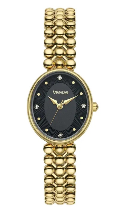 Ceas de Dama Breeze Sirena 212591.2, Analogic, Baterie, Bratara din Otel Auriu, Cadran Negru, 24mm, 3 ATM