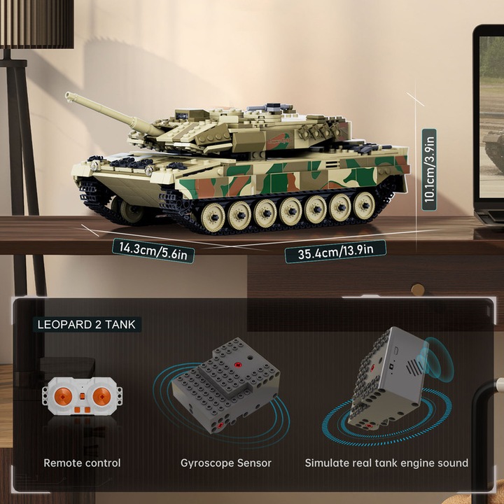 Set de constructie, Mould King, Technic, Leopard 2 Tank RC, 1100 piese, Control App, 34.2x16.2x9.4cm, pentru baieti si fete peste 14 ani