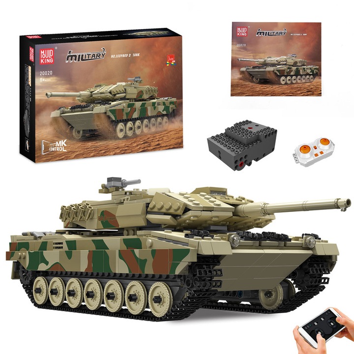 Set de constructie, Mould King, Technic, Leopard 2 Tank RC, 1100 piese, Control App, 34.2x16.2x9.4cm, pentru baieti si fete peste 14 ani