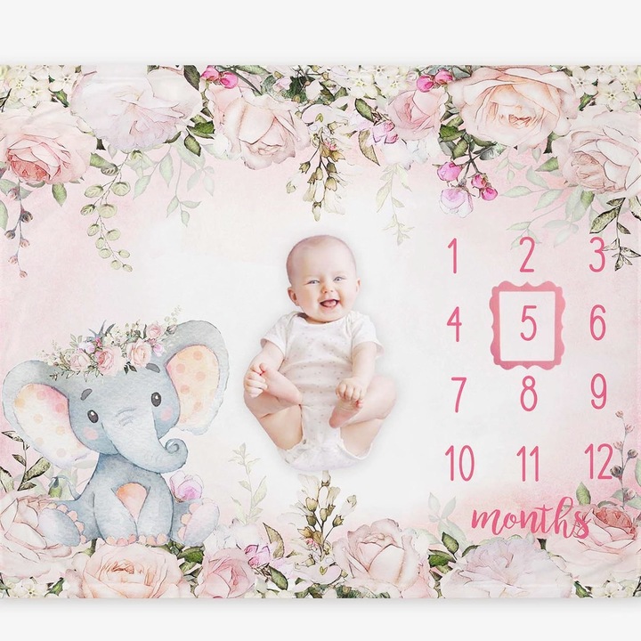 Patura Milestone bebelusi, Esther Beauty®, Fin si Pufos din Flanel, aniversara pentru imortalizarea dezvoltarii si cresterii bebelusului, 130x100 cm, Multicolor, Roz