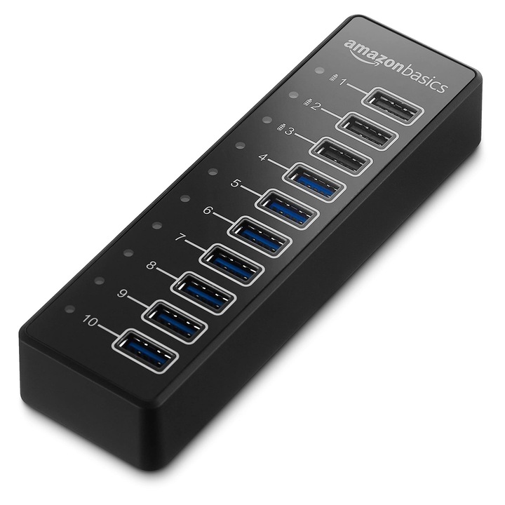 Hub USB Amazon Basics, Hub USB-A 3.1 cu 10 porturi si adaptor de alimentare, 65W (20V/3.25A), negru