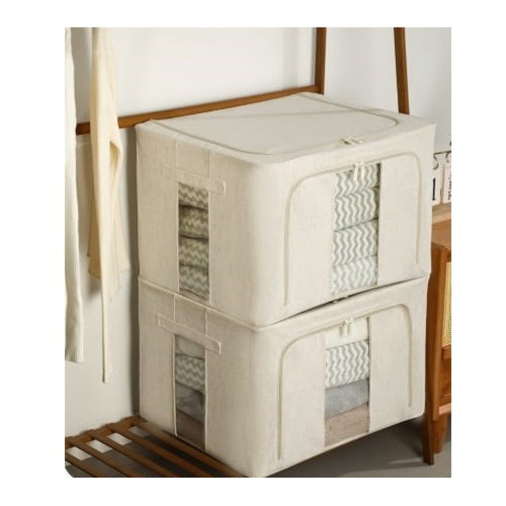 Cutie de Depozitare Pliabila, cu Fereastra si Fermoar Dublu, 66 L, Textil Premium, 50x40x33 cm, Cadru Metalic, Impermeabila, Alb Texturat, Stef's Cat