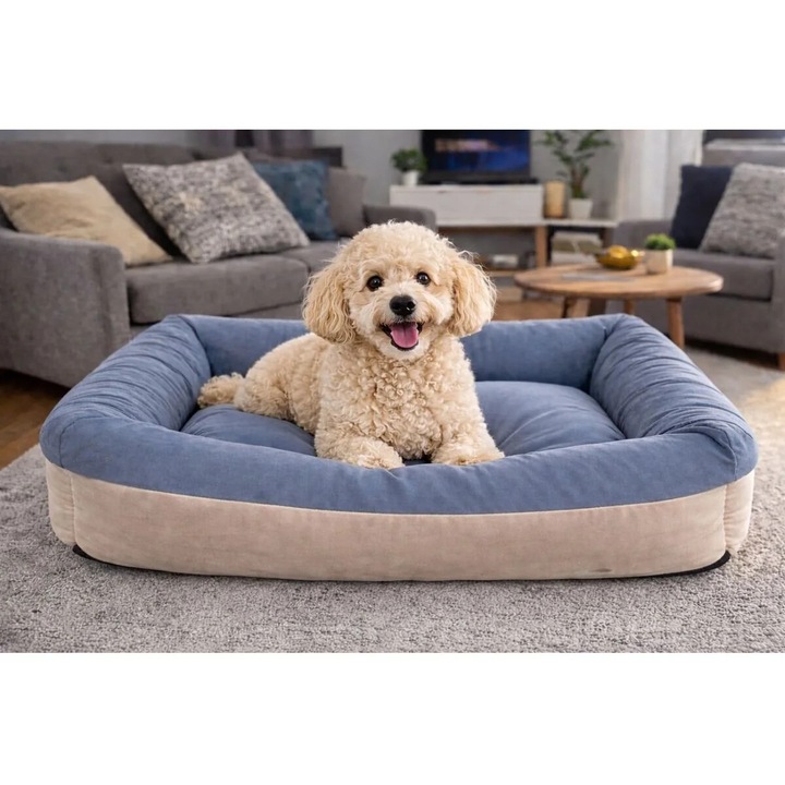 Pat pentru Caini si Pisici, Talie Mica si Medie 56x56x18 cm –Culcus Moale, Perna Detasabila, Albastru